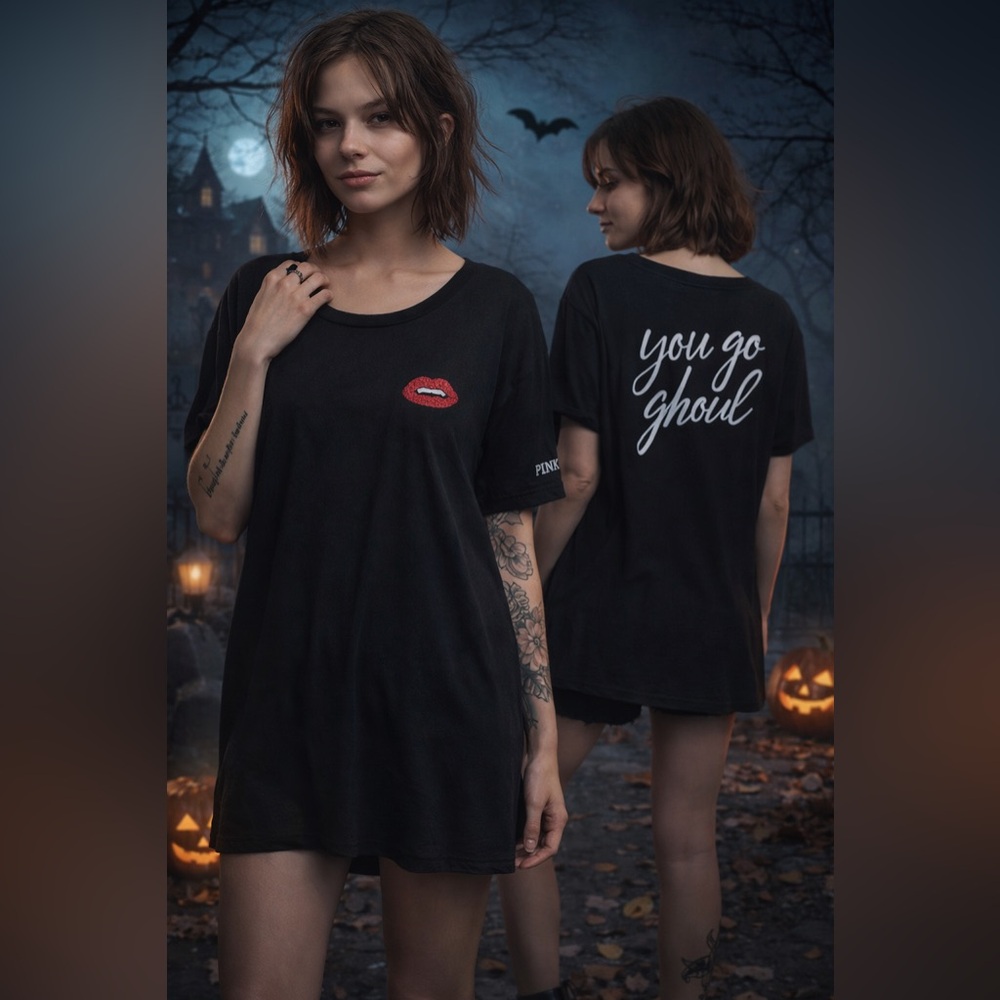 PINK Victoria’s Secret You Go Ghoul Vampire Tee Size XS Oversized Halloween